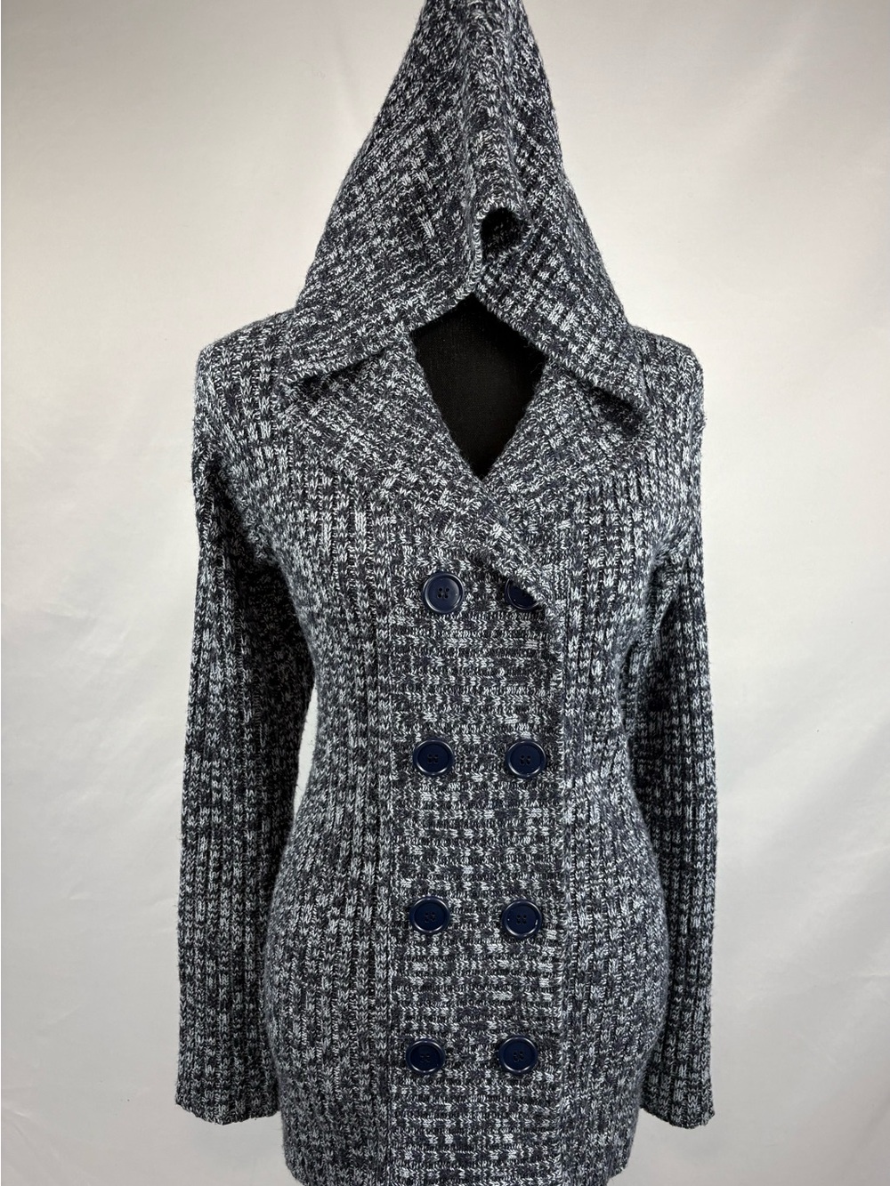 Hoodie Sweater Double-Breasted Knit Cardigan - Gray & Black